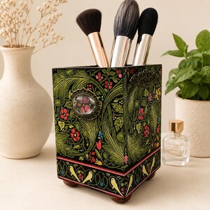 Pot à crayons et stylos William Morris, accessoire de bureau en bois, rangement pour pinceaux de maquillage avec motif floral, pot à crayons, décoration de bureau