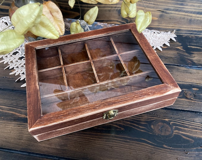 Crystal Storage Box with Glass Lid , Crystal Organizer, Crystal Display Case, Stone Display, Collectors Box, Rustic wooden box, Witchy Home