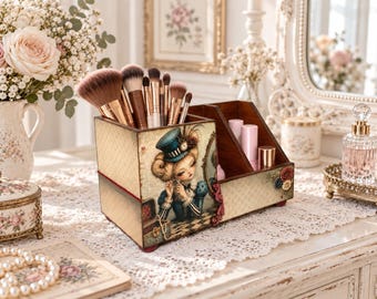 Wood Desk Organizer, Alice in Wonderland Makeup Brush Holder, Lipstick Holder, Vanity Organizer, Gift for Her