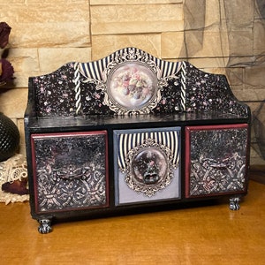Gothic Jewelry Box, Mini chest of drawers, Wooden Drawer Trinket Box, Dark Mini Dresser Cabinet with Drawers  Wooden Desktop Organizer