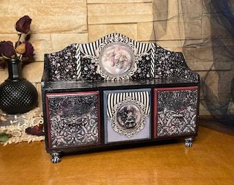 Gothic Jewelry Box, Mini chest of drawers, Wooden Drawer Trinket Box, Dark Mini Dresser Cabinet with Drawers  Wooden Desktop Organizer