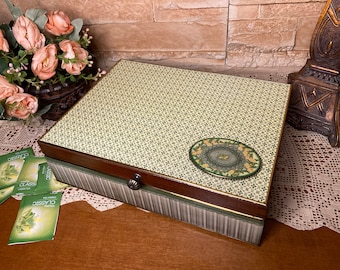 Vintage Wooden Tea Bag Organizer, 12 Compartment Storage Box, Green Decoupage, Kitchen Gift