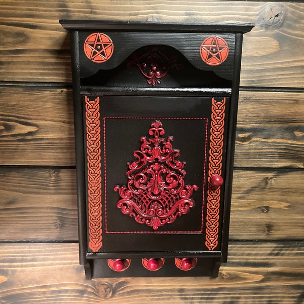 Gothic Wood Key Cabinet, Black Wall key storage, Wall jewelry storage, Mystery Key Holder, Gothic Red Black Home decor, Witchcraft Box