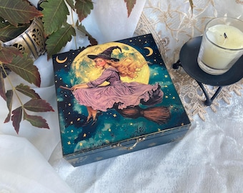 Mystieke tarotkaartdoos, hekserij sieradendoos, magische snuisterijdoos, Witchy Home Decor, stashbox, altaar Wicca Crystal-opslag
