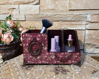 Organizzatore per trucchi con design floreale, porta pennelli per il trucco, supporto da tavolo per matite e penne, contenitore da scrivania fatto a mano, organizer per la toeletta