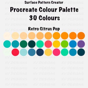 Pode incluir: Uma paleta de cores de arte digital intitulada "Procreate Colour Palette" com 30 cores no tema "Retro Citrus Pop". A paleta apresenta uma gama de tons vibrantes, incluindo laranjas, verdes, azuis e rosas, dispostos em uma grade.