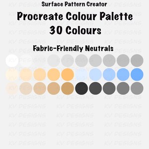 Pode incluir: Gr&aacute;fico de arte digital com uma paleta de cores Procreate com 30 cores, rotulada "Neutros para Tecidos". A paleta inclui uma gama de tons neutros, do branco ao preto, e &eacute; projetada para a cria&ccedil;&atilde;o de padr&otilde;es de superf&iacute;cie.