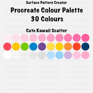 Pode incluir: Um gr&aacute;fico de arte digital com uma paleta de cores Procreate com 30 cores. A paleta inclui uma gama de tons pastel e vibrantes, dispostos em filas de c&iacute;rculos. O texto na parte superior diz "Surface Pattern Creator" e "Procreate Colour Palette".