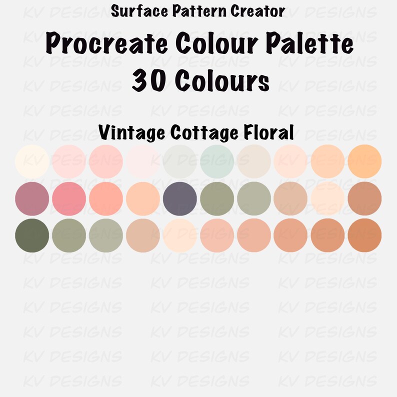 Pode incluir: Uma paleta de cores digital Procreate com 30 cores em um tema floral vintage cottage. A paleta inclui uma gama de tons suaves e suaves, incluindo rosas, verdes e p&ecirc;ssegos. O texto "Procreate Colour Palette" est&aacute; no topo.