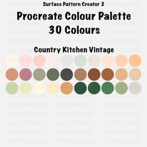 Pu&ograve; includere: Una tavolozza di colori digitale Procreate con 30 colori a tema Country Kitchen Vintage. La tavolozza presenta una gamma di toni caldi e terrosi, tra cui sfumature di beige, rosa, verde, marrone e arancione. Il testo "Procreate Colour Palette 30 Colours" &egrave; visualizzato.