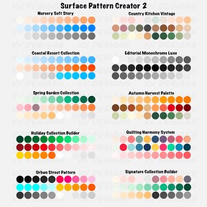 May include: A digital design graphic featuring color palettes for surface pattern creation. The image displays various color collections, including "Nursery Soft Story," "Coastal Resort Collection," and "Autumn Harvest Palette," each with coordinated color swatches.
