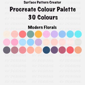 Pode incluir: Uma paleta de cores digital para Procreate, com 30 cores com tema floral moderno. A paleta apresenta uma gama de tons pastel e vibrantes, ideal para arte digital e design de padr&otilde;es de superf&iacute;cie. O texto diz "Procreate Colour Palette 30 Colours Modern Florals".