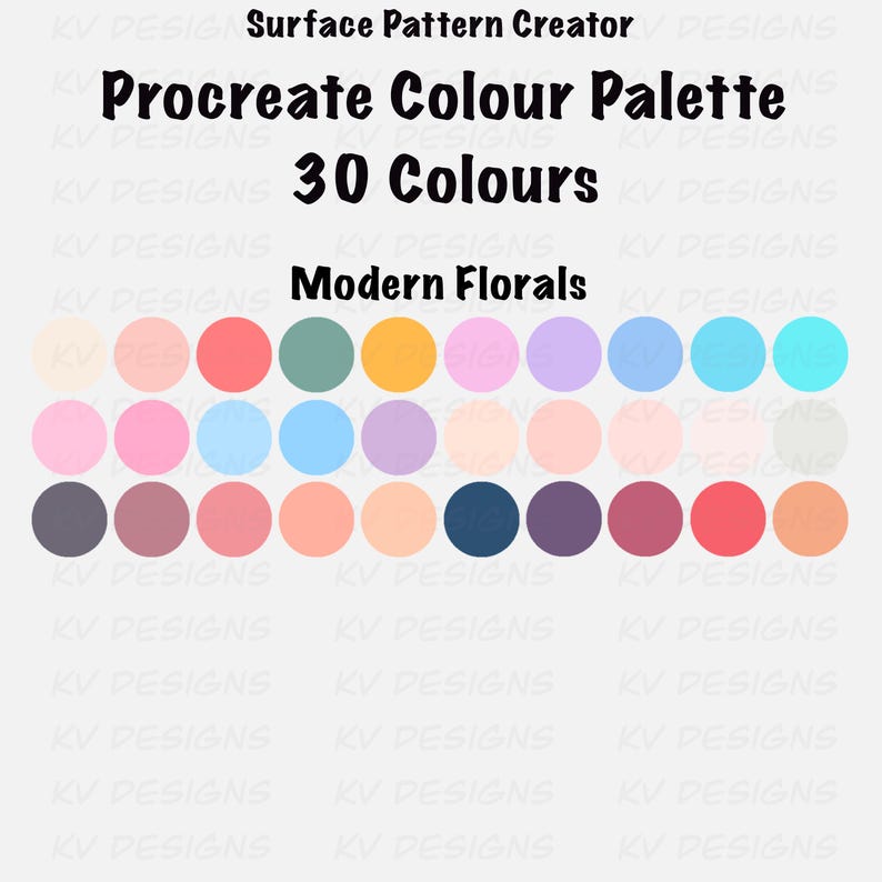 Pode incluir: Uma paleta de cores digital para Procreate, com 30 cores com tema floral moderno. A paleta apresenta uma gama de tons pastel e vibrantes, ideal para arte digital e design de padr&otilde;es de superf&iacute;cie. O texto diz "Procreate Colour Palette 30 Colours Modern Florals".