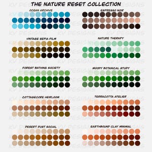 May include: A graphic showcasing colour palettes from "The Nature Reset Collection." Each palette, like "Ocean Archive" and "Espresso Noir," presents a series of colour swatches. The palettes include shades of blue, brown, green, and earth tones.