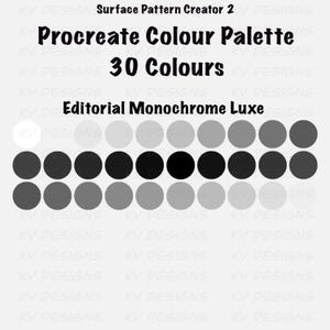 Pu&ograve; includere: Una grafica di arte digitale con una tavolozza di colori Procreate con 30 colori monocromatici. La tavolozza &egrave; etichettata come "Editorial Monochrome Luxe" e include una gamma di sfumature di grigio e nero. Il testo "Surface Pattern Creator 2" &egrave; in alto.