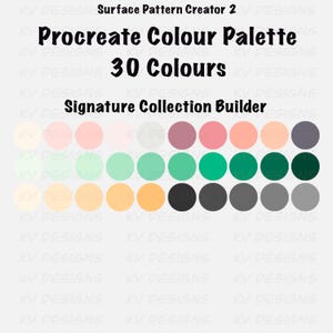 Pu&ograve; includere: Palette di colori digitali con 30 colori, tra cui tonalit&agrave; di rosa, verde, arancione e grigio. Il testo recita "Procreate Colour Palette" e "Signature Collection Builder."
