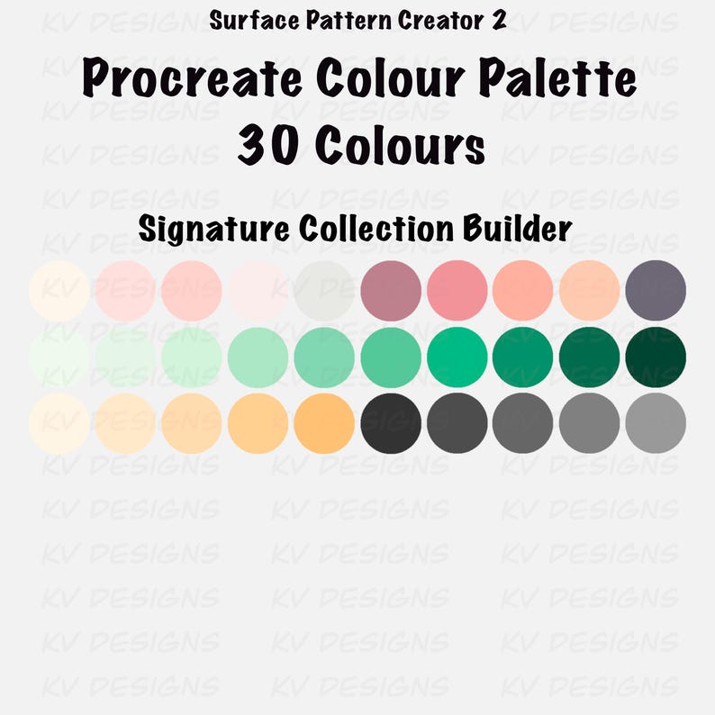 Pu&ograve; includere: Palette di colori digitali con 30 colori, tra cui tonalit&agrave; di rosa, verde, arancione e grigio. Il testo recita "Procreate Colour Palette" e "Signature Collection Builder."