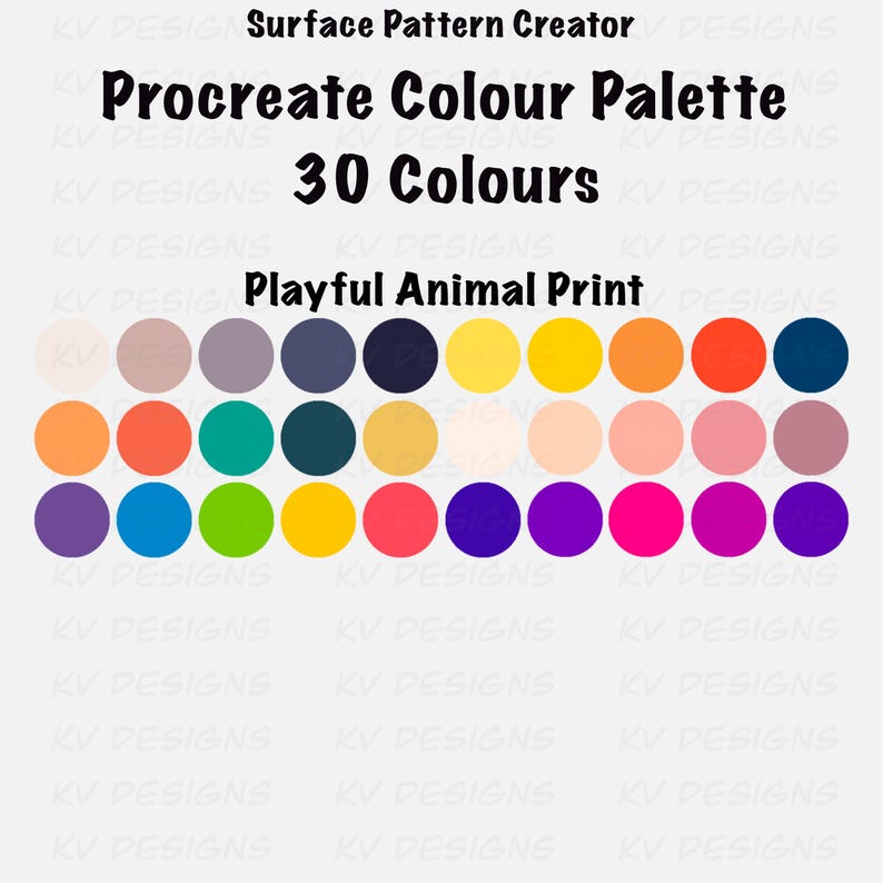 Pode incluir: Um gr&aacute;fico de arte digital com uma paleta de cores Procreate com 30 cores. A paleta inclui uma variedade de tons, de past&eacute;is suaves a tons vibrantes, com o texto "Playful Animal Print" na parte inferior. O texto "Surface Pattern Creator" e "KV Designs" tamb&eacute;m s&atilde;o vis&iacute;veis.