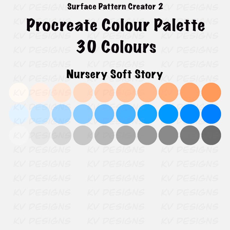Pu&ograve; includere: Una tavolozza di colori digitale per Procreate con 30 colori. La tavolozza presenta una gamma di colori tenui, tra cui tonalit&agrave; di beige, pesca, blu e grigio. Il testo sull'immagine recita "Procreate Colour Palette" e "Nursery Soft Story."