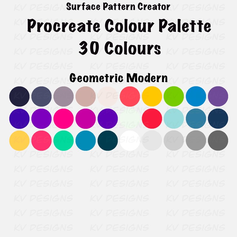 Pode incluir: Uma paleta de cores digital para Procreate, com 30 cores em um estilo geom&eacute;trico moderno. A paleta inclui uma variedade de tons, de azuis escuros e roxos a rosas vibrantes, verdes e amarelos. O texto na imagem diz "Surface Pattern Creator" e "Procreate Colour Palette".