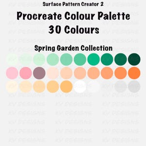 Pu&ograve; includere: Una tavolozza di colori per l'arte digitale intitolata "Procreate Colour Palette" con 30 colori della "Spring Garden Collection". La tavolozza presenta verdi, rosa, arancioni e tonalit&agrave; neutre, perfetta per progetti di arte digitale.
