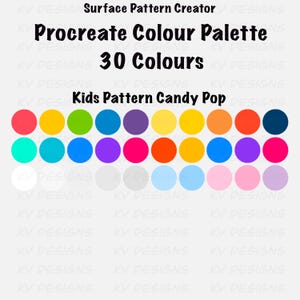 Pode incluir: Paleta de cores digital para Procreate com 30 cores vibrantes, dispostas em uma grade. Intitulada "Kids Pattern Candy Pop", apresenta cores saturadas. O texto superior indica "Surface Pattern Creator".
