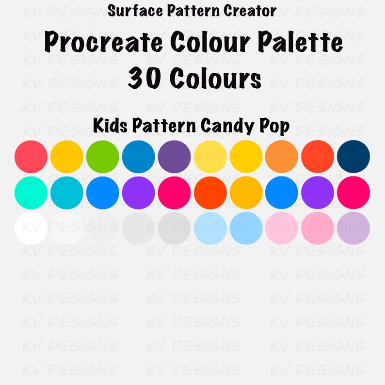 Pode incluir: Paleta de cores digital para Procreate com 30 cores vibrantes, dispostas em uma grade. Intitulada "Kids Pattern Candy Pop", apresenta cores saturadas. O texto superior indica "Surface Pattern Creator".