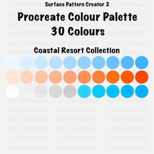 Pu&ograve; includere: Una tavolozza di colori Procreate digitale con 30 colori della Coastal Resort Collection. La tavolozza presenta una gamma di blu, arancioni e tonalit&agrave; neutre, con il testo "Procreate Colour Palette 30 Colours Coastal Resort Collection."