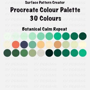 Pode incluir: Paleta de cores digital para Procreate com 30 cores em tema bot&acirc;nico. A imagem apresenta uma variedade de verdes, laranjas e tons neutros. O texto diz "Procreate Colour Palette" e "Botanical Calm Repeat."