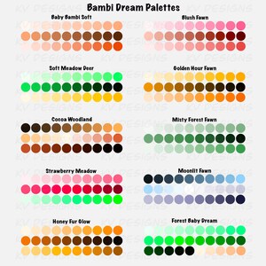 May include: A graphic featuring color palettes labeled "Bambi Dream Palettes." Each palette showcases a range of colors, including browns, pinks, greens, and blues. The palettes are named "Baby Bambi Soft," "Blush Fawn," and others.