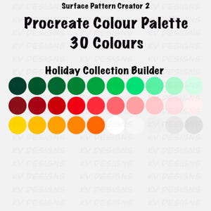 Pu&ograve; includere: Una tavolozza di colori digitale per Procreate con 30 colori, progettata come Holiday Collection Builder. La tavolozza presenta tonalit&agrave; di verde, rosso, arancione, giallo, rosa e bianco. Il testo nell'immagine recita "Surface Pattern Creator 2" e "Procreate Colour Palette".