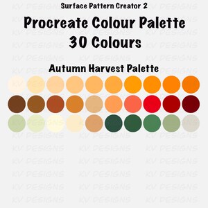 Pu&ograve; includere: Una tavolozza di colori per l'arte digitale intitolata "Procreate Colour Palette" con 30 colori. La "Palette Autunno" presenta tonalit&agrave; calde, tra cui beige, marrone, arancione, rosso e verde, per progetti di arte digitale.