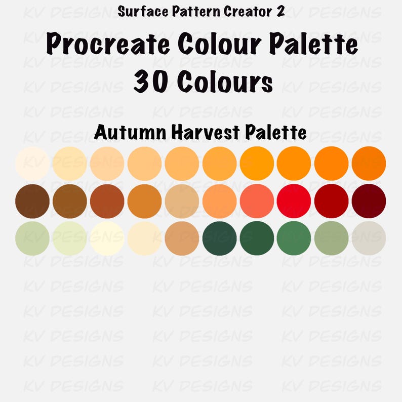 Pu&ograve; includere: Una tavolozza di colori per l'arte digitale intitolata "Procreate Colour Palette" con 30 colori. La "Palette Autunno" presenta tonalit&agrave; calde, tra cui beige, marrone, arancione, rosso e verde, per progetti di arte digitale.