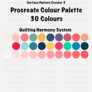 Pu&ograve; includere: Una tavolozza di colori digitale per Procreate con 30 colori. L'immagine presenta una griglia di campioni di colore circolari in varie tonalit&agrave;, tra cui rosa, blu, verdi e gialli. Il testo in alto recita "Surface Pattern Creator 2" e "Procreate Colour Palette".