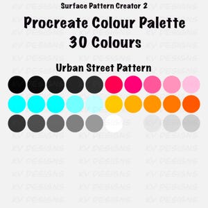 Pu&ograve; includere: Grafica digitale con una tavolozza colori Procreate con 30 colori. La tavolozza include tonalit&agrave; nere, rosa, arancioni e turchesi. Il testo "Surface Pattern Creator 2" e "Urban Street Pattern" &egrave; anche visualizzato.