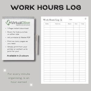 Work Hours Log Checklist, Work Essentials, Checklists, Organisers, Work Prepared, Printable/Instant Download, PDF, Templates