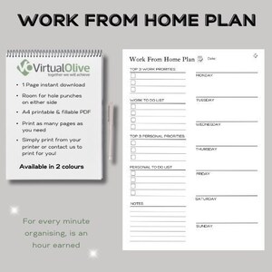 May include: A printable work from home planner with a black and white design. The planner includes sections for daily work and personal priorities, to do lists, and notes. The planner is available in two colors.
