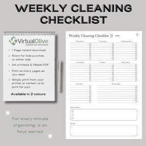 May include: A printable weekly cleaning checklist with sections for each day of the week, reminders, and notes. The checklist is black and white and has a simple design.
