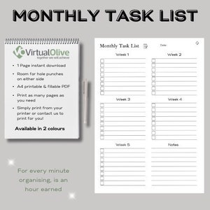 Monthly Task List, Monthly Organisers, Weekly Plan, Monthly Planning, Home/Work Essentials, Checklists,  Printable/Instant Download