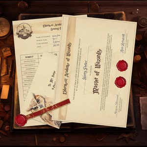 Conjunto de diplomas de escuela de magos editables, paquete de regalo para fanáticos de los magos, plantilla de regalo personalizada, descarga instantánea digital, imprimible