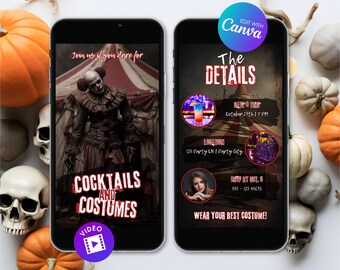 Animated Cocktails And Costumes Halloween Invitation, Haunted Circus Party Video Invite, Editable Digital Template, Horror Clown Party Evite