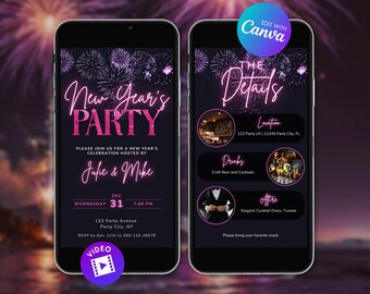 May include: Two smartphones displaying a New Year's Party invitation. The invitation features pink text on a black background with fireworks. Details include location, drinks, and attire. The Canva logo is visible.