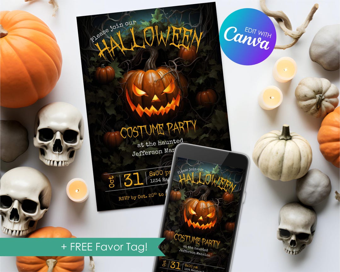 Editable Jack O Lantern Invitation, Halloween Costume Party Invite ...