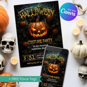 Editable Jack O Lantern Invitation, Halloween Costume Party Invite, Personalized Halloween Party Template, Digital Download, Printable Canva