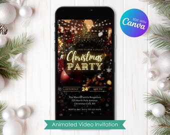 Animated Christmas Party Invitation, Editable XMAS Video Invite, Holiday Lights, Personalized Digital Template, Instant Download, Evite DIY