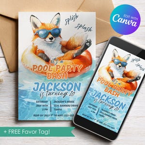 Fox Pool Party Birthday Invitation Orange, Editable Swimming Party Invite, Pool Party Bash, Personalized Canva Template, Download Printable