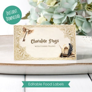 Etichette alimentari modificabili guidate, carte buffet, carte pieghevoli tenda, decorazioni per feste di compleanno della scuola di magia, modello digitale, download istantaneo, stampabile