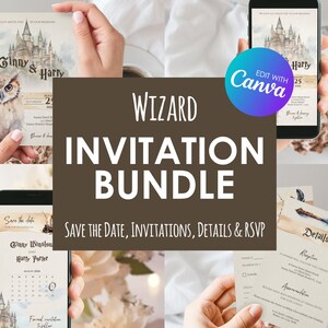 Bearbeitbares Hochzeitseinladungsset für Zauberer, Hochzeitseinladung, personalisierte Canva-Vorlage, sofortiger Download, bedruckbar, W001