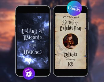 Animated Wizard Birthday Invitation, Editable Witch Birthday Party Video Invite, Digital Canva Template, Wizard School Evite