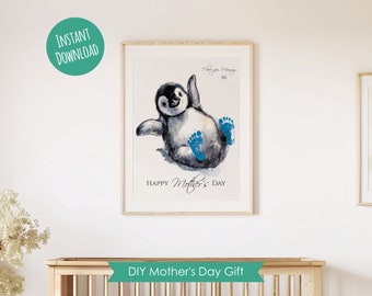 Mother&#39;s Day Footprint Gift Penguin, Mothers Day Gift, Kids Gift for Mom, Printable Craft Gift, Digital Template, Instant Download, Keepsake